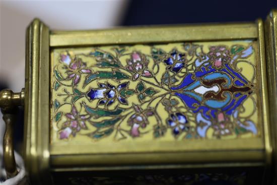A French miniature brass and champleve enamel carriage timepiece, c.1900, 3in.